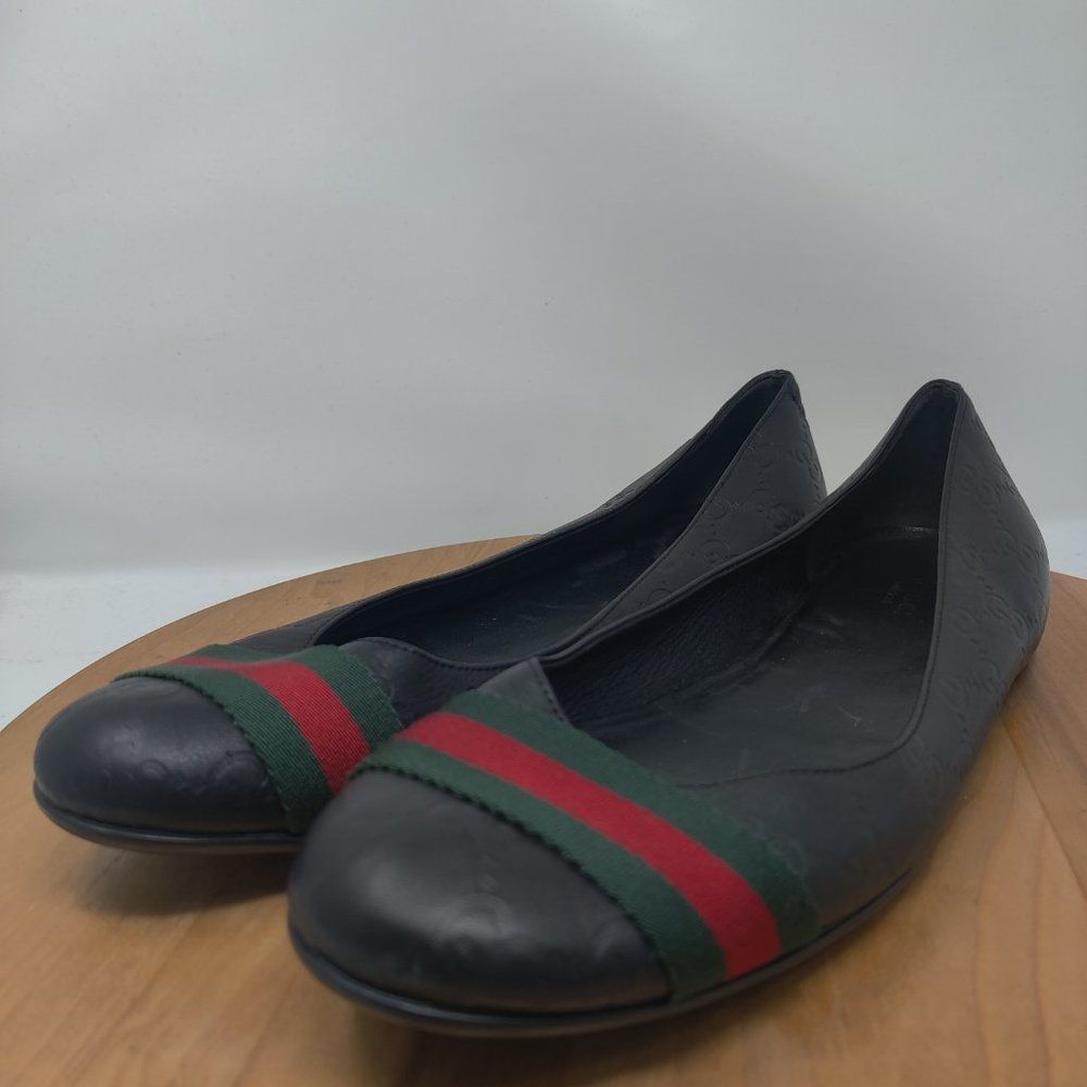 GUCCI ❤️💚 Guccissima Leather Web Stripe Ballet Flats Womens Size9.5 Blk 253315 - Picture 4 of 15